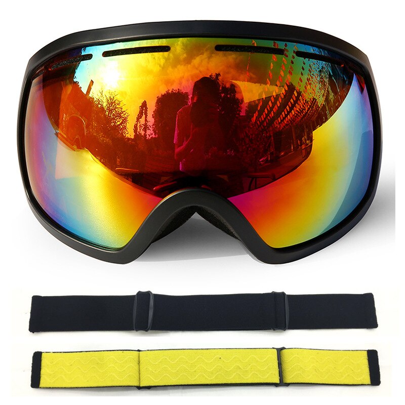 Large Spherical Big Vision Ski Goggles Double Layer Permanent Anti-fog Outdoor Ski Goggles Cocker Myopia: Black Frame   Plated   Red Lens