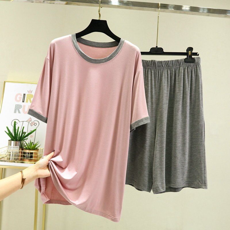Fdfklak – pyjama pour hommes, ensemble doux et confortable, à manches courtes, grande taille, vêtements modaux pour dormir, été XL-5XL: pink / 5XL