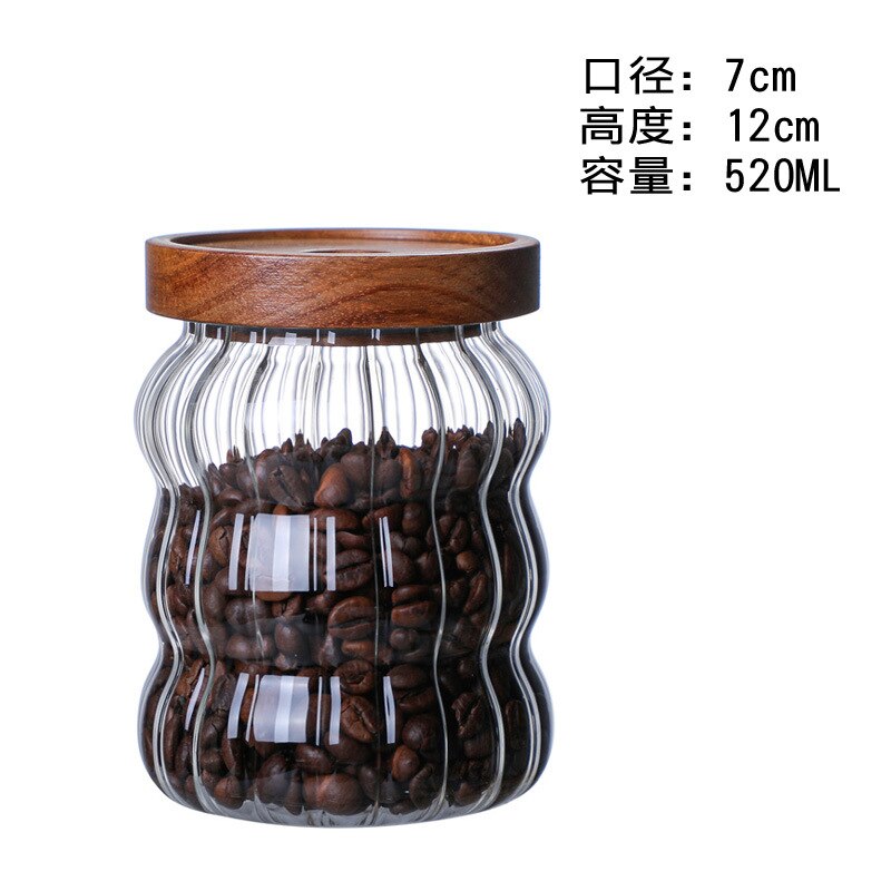 Tarro de almacenamiento de Vidrio Curvo , botella sellada, tarro de caramelo de grano de café con tapa de madera, contenedor de vidrio artesanal para decoración del hogar: 550ml