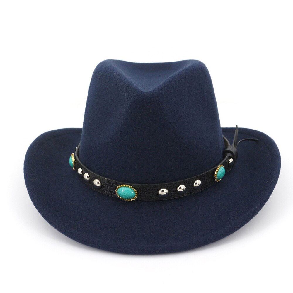 Men Women Wool Western Cowboy Hat With Punk Belt Sombrero Hombre Wide Brim Jazz Hat: Dark Blue