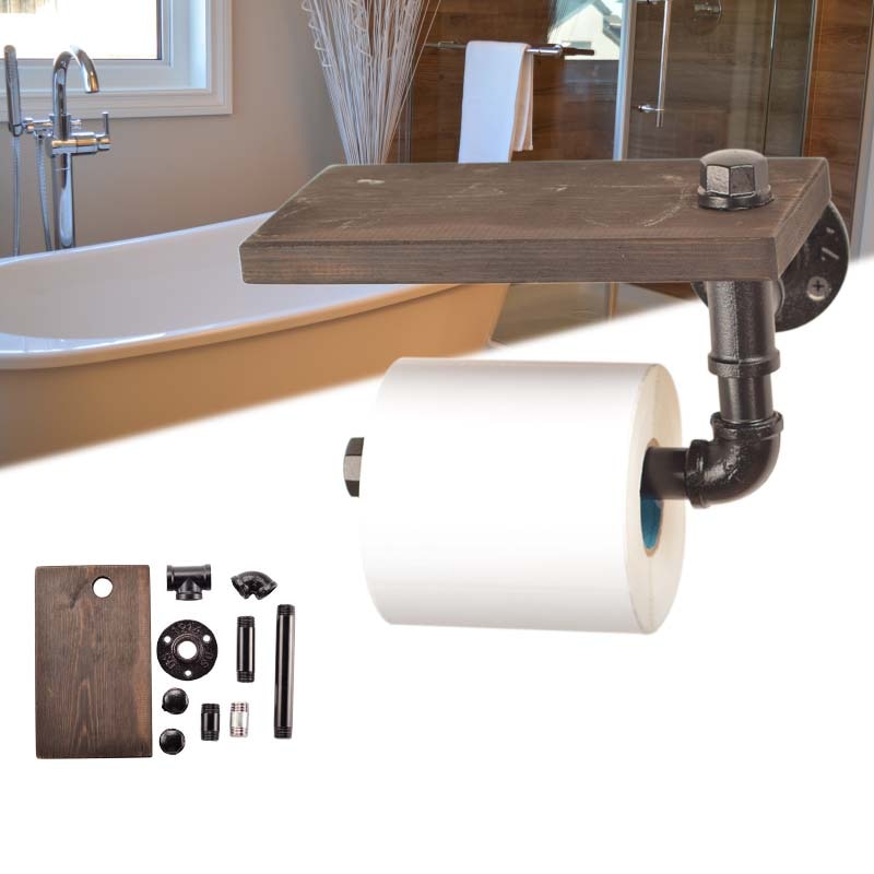 Rustikke badeværelseshylder industrielle retro jern toiletpapirholder badeværelse hotelrulle papirvæv hængende rack træhylde
