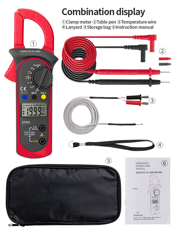 ANENG ST202 Digital Clamp Multimeter Resistance Ohm Transistor Testers AC/DC Current Voltmeter Lcr Clamp Meter with Temperature: ST202 Red