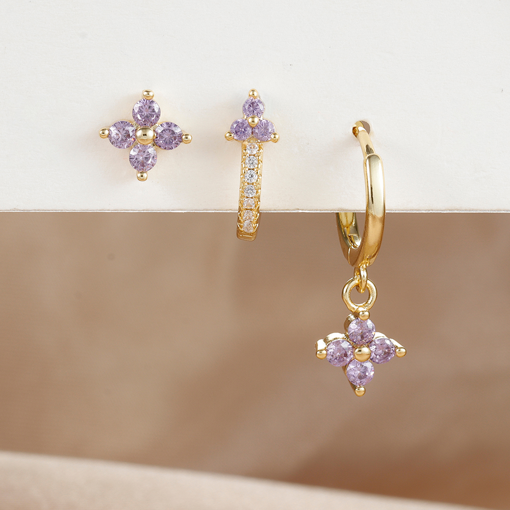 Conjunto de pendientes de aro pequeños con flores de acero inoxidable para mujer, aretes de joyería para Piercing de cartílago Huggie chapados en oro de 18 quilates, 3 uds.: Rodio plateado