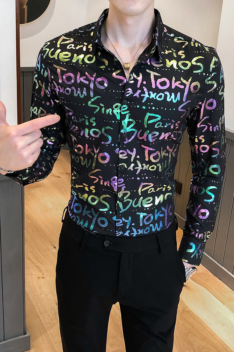 Färgglad tryckskjorta män höst vinter långärmade smokingskjortor casual slim fit streetwear herrkläder 3xl