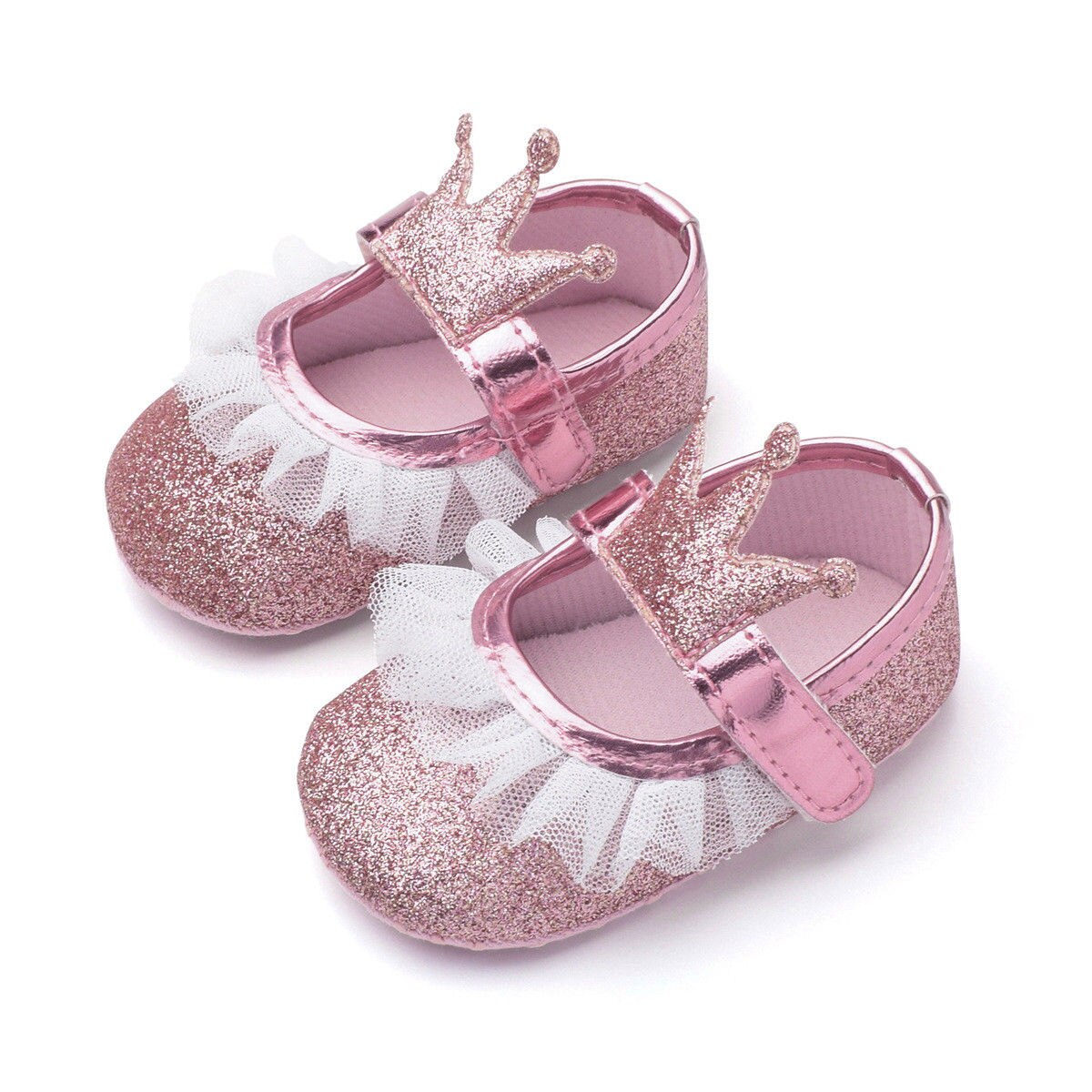 Helt nyfødt spædbarn baby pige prinsesse blonde krone sko pailletter bomuld blød sål krybbe prewalker sko first walkers: Lyserød / 0-6 måneder