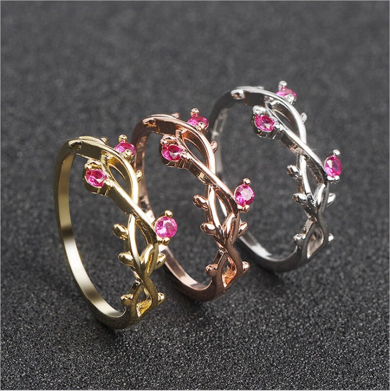 Floral Überzogene Rose Gold Engagement Ring für Weibliche Kristall Zirkon Blatt Einstellbar Damen Hochzeit Ringe für Frauen Schmuck