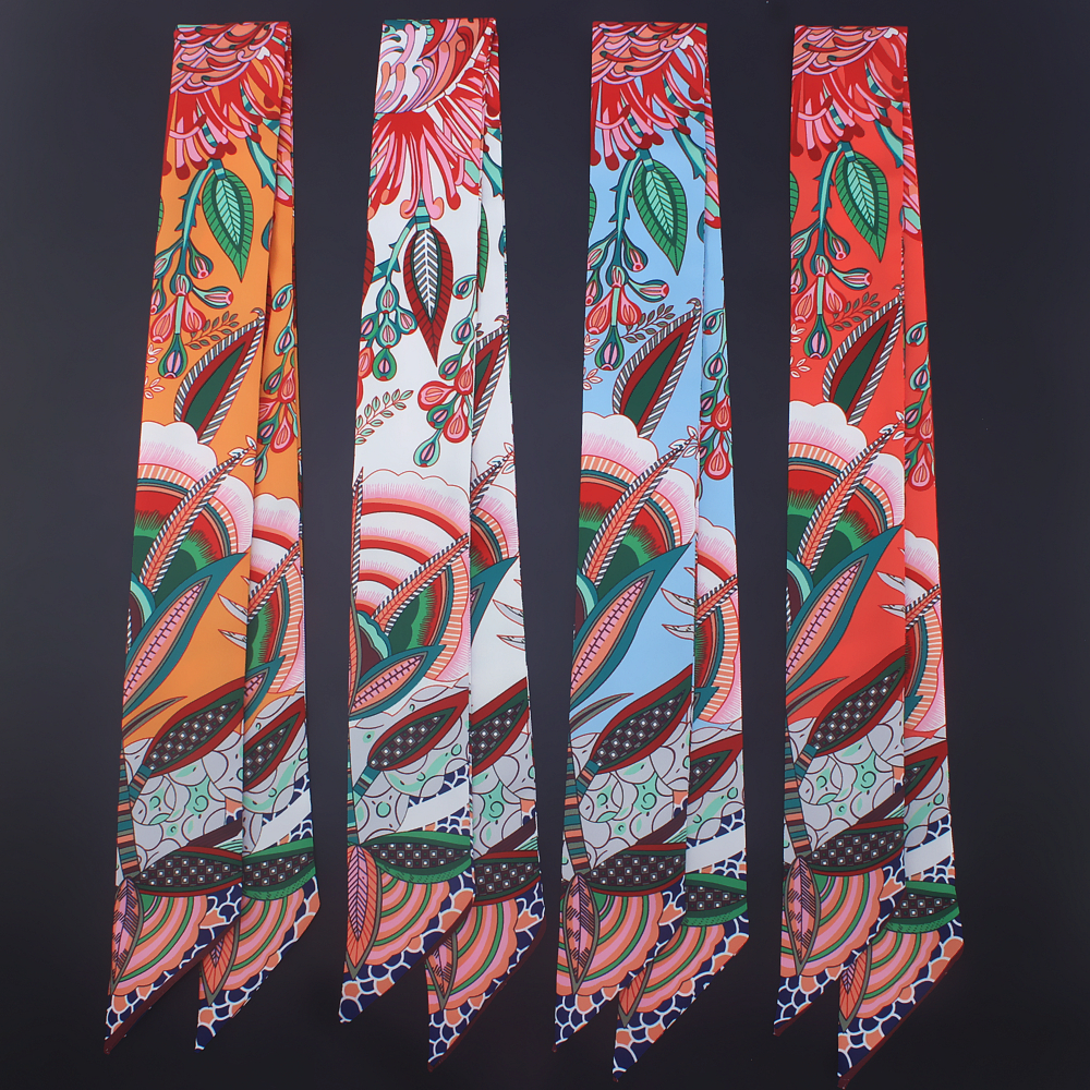 Bohemia Style Skinny Scarf Brand Silk Scarf For Women 4 Color Floral Print Head Scarf Long Handle Bag Scarves Wraps