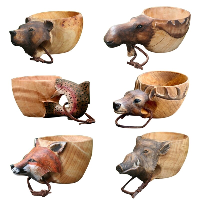 Hand Gesneden Rubber Houten Mok Dieren Hoofd Afbeelding Cup Houten Dier Mok Vorm Draagbare Camping Drinkbeker Drinkbekers