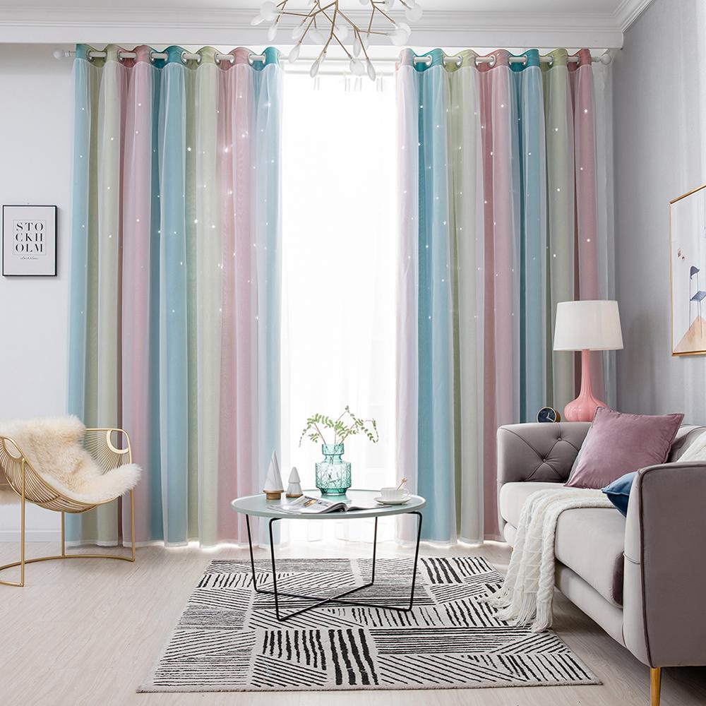 Cortina transparente de estrella hueca para ventana de Color arcoíris para niña, cortinas opacas de ventana de dormitorio, decoración del hogar: Rosa