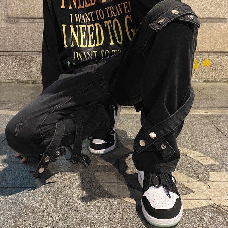 HOUZHOU – Jean gothique pour homme, pantalon en Denim, style Punk, noir, Hip Hop, Streetwear, avec rubans japonais