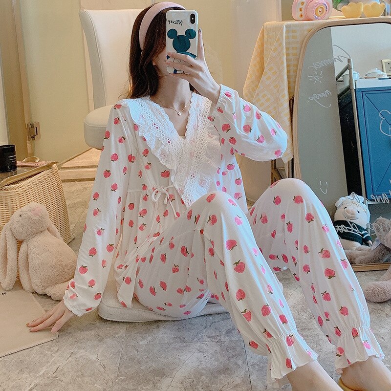 Nattøj til gravide kvinder pyjamas sæt 2 stk bomuld v krave ammetøj amme graviditet nattøj hjemmetøj: Hvid / M
