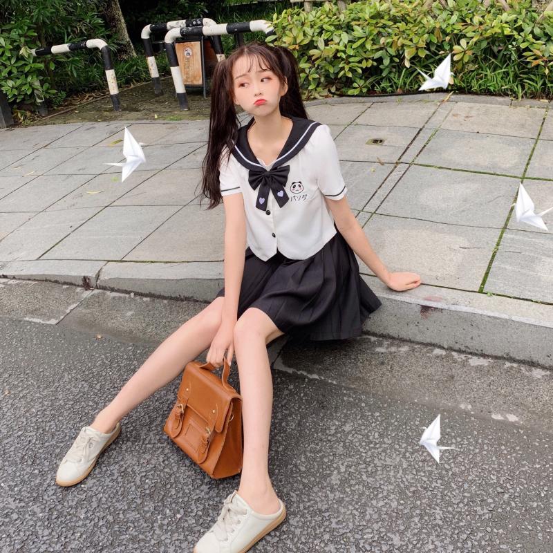 Japanese JK Uniforms College Cute Panda Embroidery Short-Sleeved Tops Pleated Skirt Suit Female Summer school girl uniform