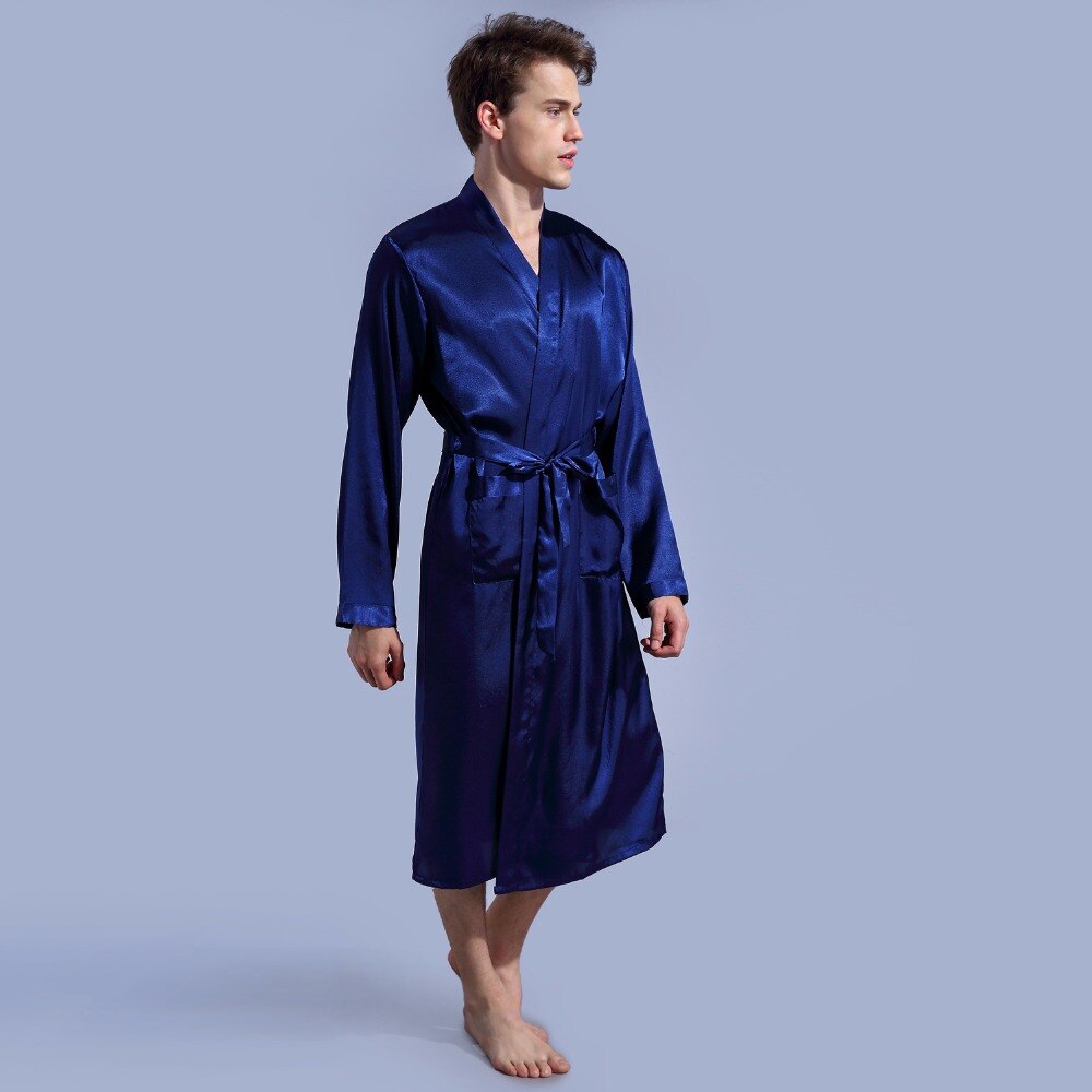 Marineblå badekåpe uformelt natttøy ночное платье pyjamas løs fritid herre nattøy rayon sateng kappe kjole fast kimono: Marineblå / S
