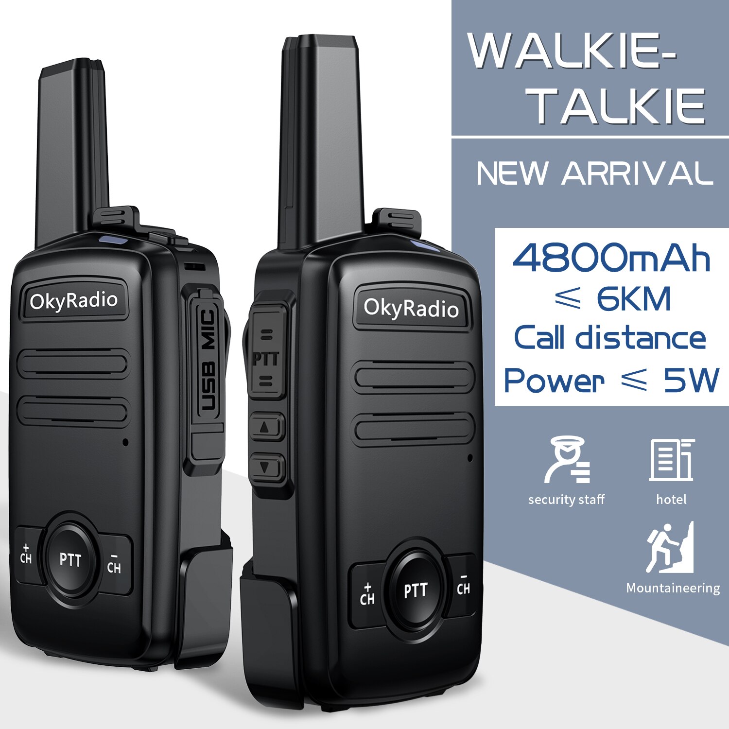 Walkie-talkie portátil resistente al agua, walkie-talkie de 5w, 6km de potencia, batería de 4800mAh, 470MHZ, anticaída: Black-2pcs