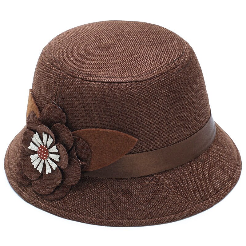 Sombrero de Sol de lino transpirable para mujer, gorro de princesa con decoración de flores grandes, Top plano monocromático a la , primavera y otoño: Dark Brown