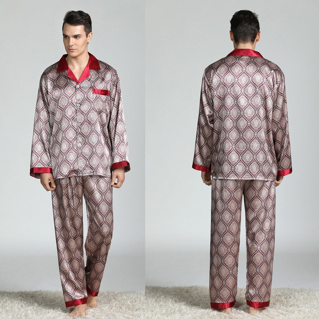 Men Silk Satin Pajama Sets Long Sleeve Sleepwear Set Two Pieces Pijama Pajamas Suit Male Breathable Pyjamas Loungewear#g3