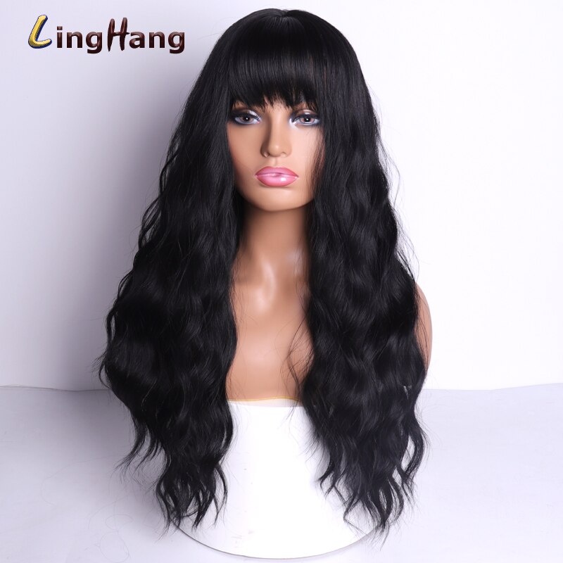 LING HÄNGEN Lange Wellig frauen Perücke 24-Zoll Synthetische Braun Haar Mit Pony Natürliche Wellenförmige Hohe Temperatur Faser perücke