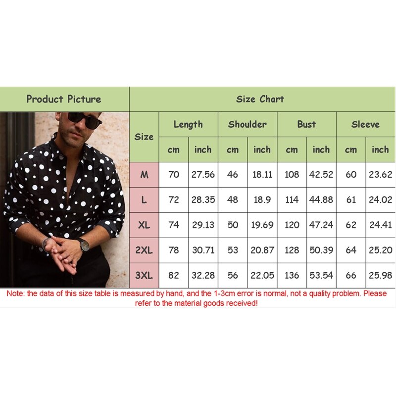 Men´s Black Long Sleeve Shirts Casual Button Down Shirts Tops Polka Dot Printed Handsome Blouse