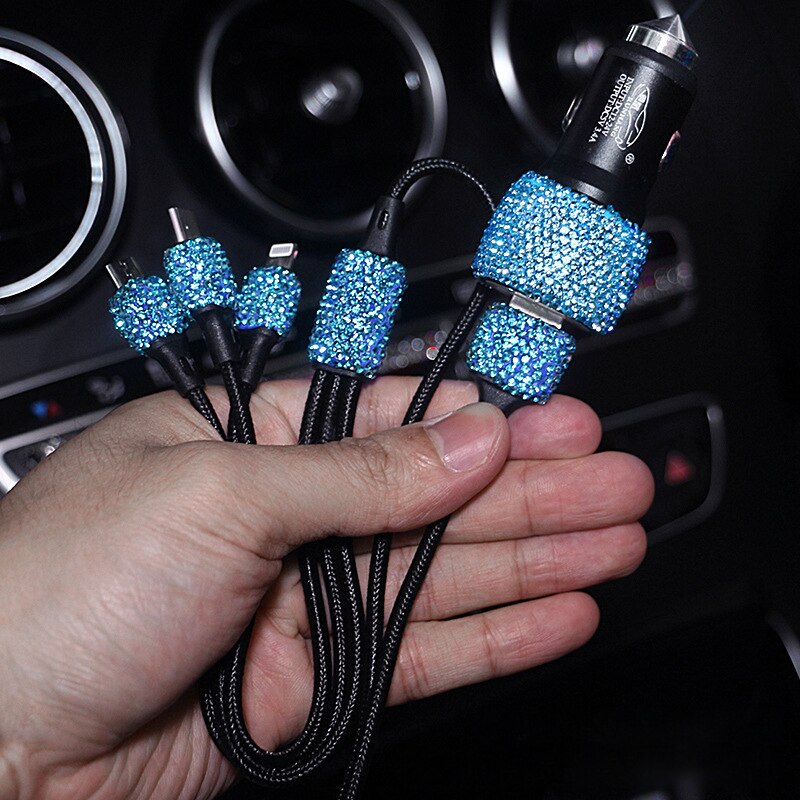 Cargador USB Dual para coche, accesorio para teléfono móvil, tableta, GPS, Cable de diamante de cristal, encendedor de cigarrillos, con Cable USB para teléfono: Blue Charger 2