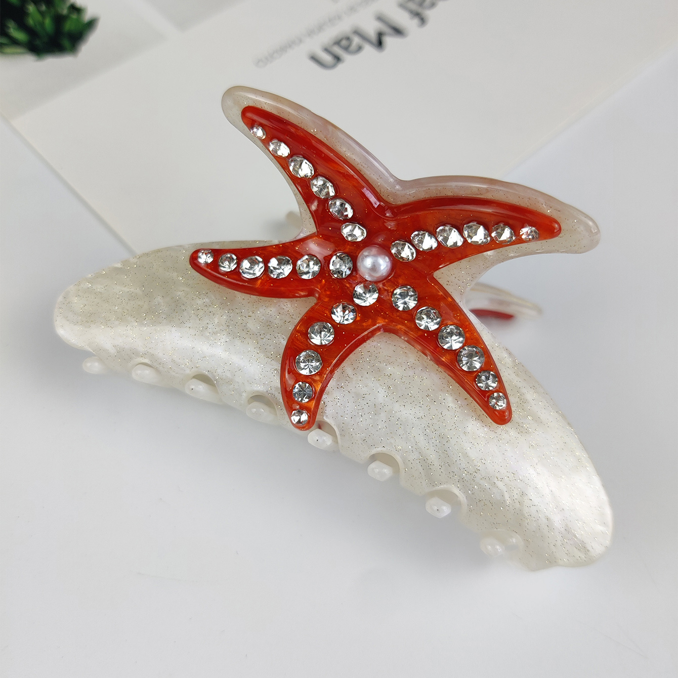 Pinzas para el cabello grandes de la serie Sea, pinzas para el cabello con concha de estrella de mar de diamante, accesorios para el cabello de acetato hechos a mano: Azul