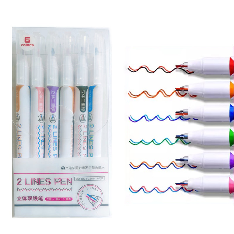6pcs 2 Lines Colored Marker Pens 0.5mm Gel Pens Pigment Liner Highlighter DIY Drawing Painting Graffiti Pen Kawaii Stationery: WHITE