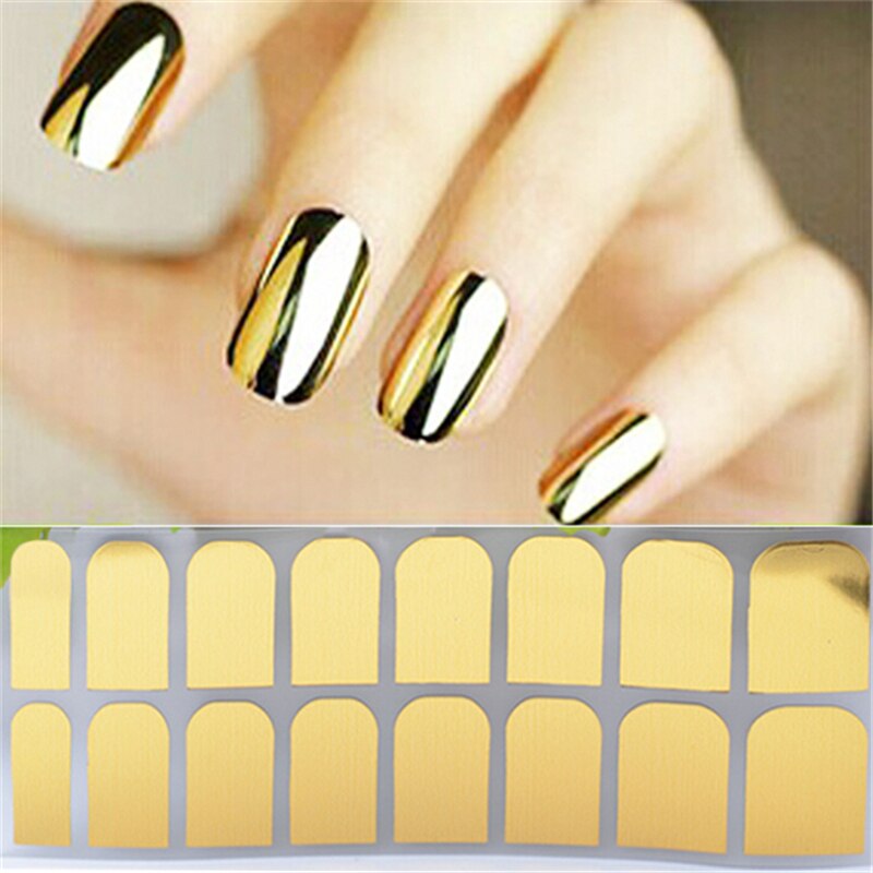 Volledige 16Pcs Goud Zilver Nail Sticker Effen Kleur Stempelen Sticker Voor Nagels Decoratie Nail Art Manicure