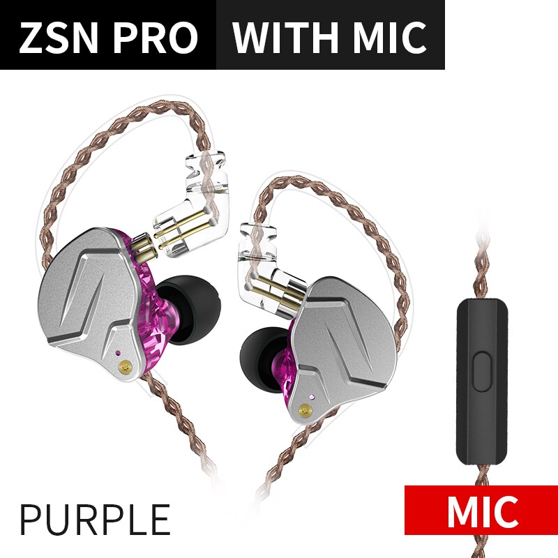 Kz zsn pro metal øretelefoner 1ba+1dd hybrid teknologi hifi bas øretelefoner i øret monitor øretelefon sport støjreduktion: Lilla med mikrofon