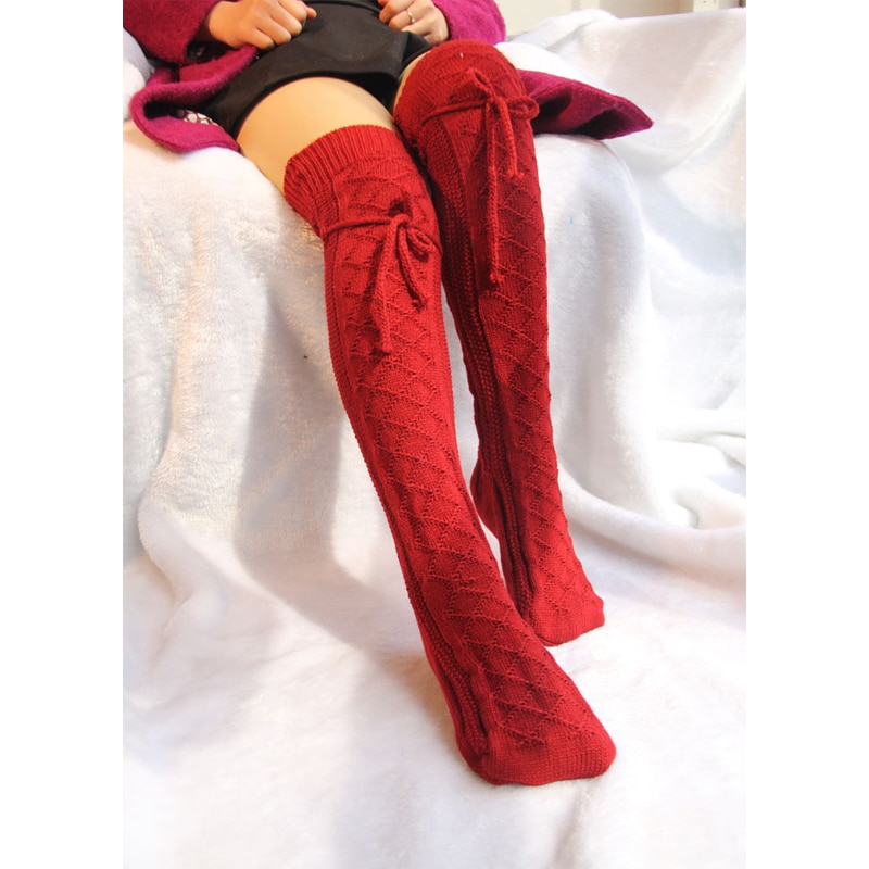 Vinterstrik ekstra lang støvle socking over knæ høj varm sok strikket over knæ sort hvid rød lang varm stram høj til kvinder: Rød
