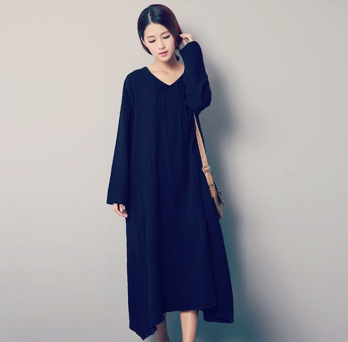 Sommer høst kvinner avslappet løs boho lange maxikjoler vestidos - bomulls- og lin vintagekjole: Xxxl / Blå