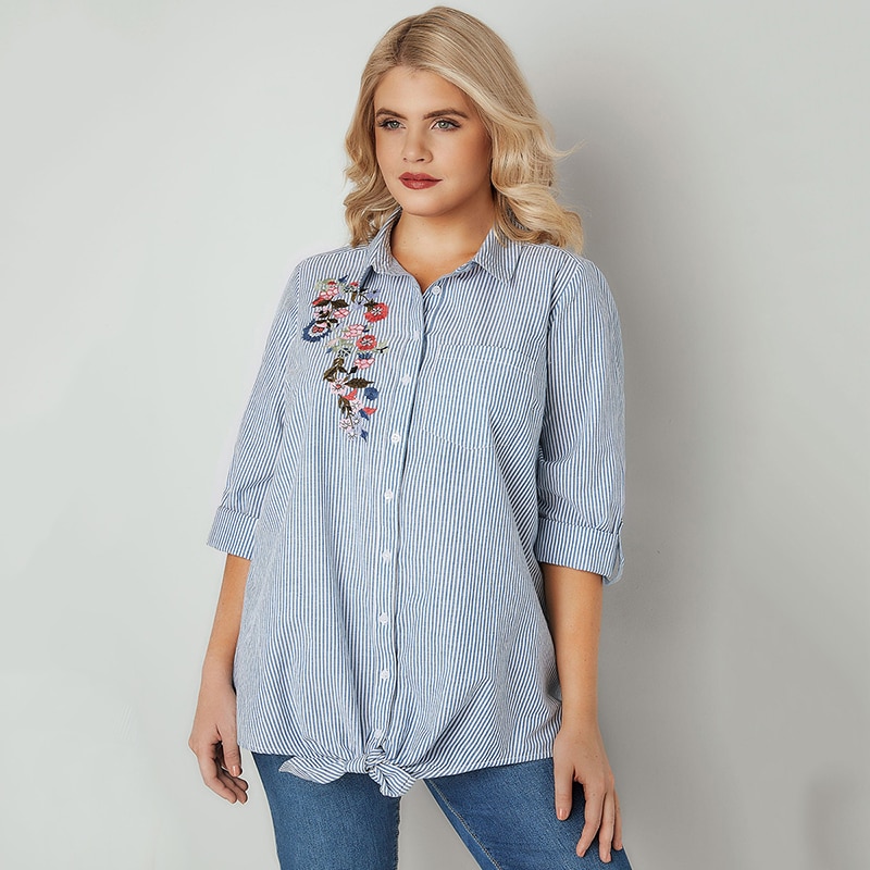 Kisleche, ropa de talla grande para mujer, camisa azul a rayas, bordado de flores, blusa protectora solar suelta de manga larga