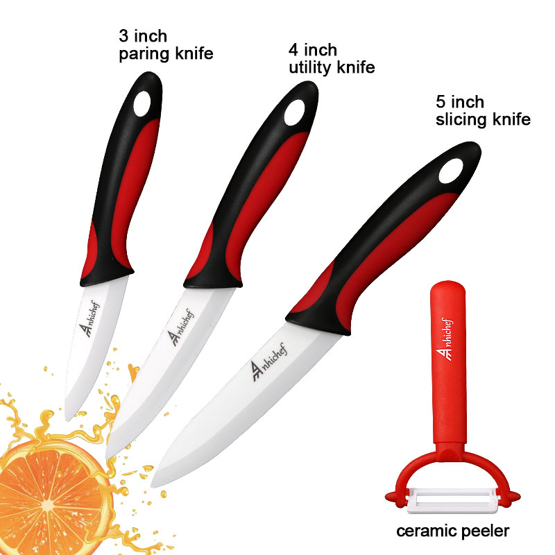 Kökskniv keramiska knivar 3 4 5 6 tum + skalare vitt blad skära frukt grönsakskock verktygskniv set matlagningsverktyg: 3 st svartröda set
