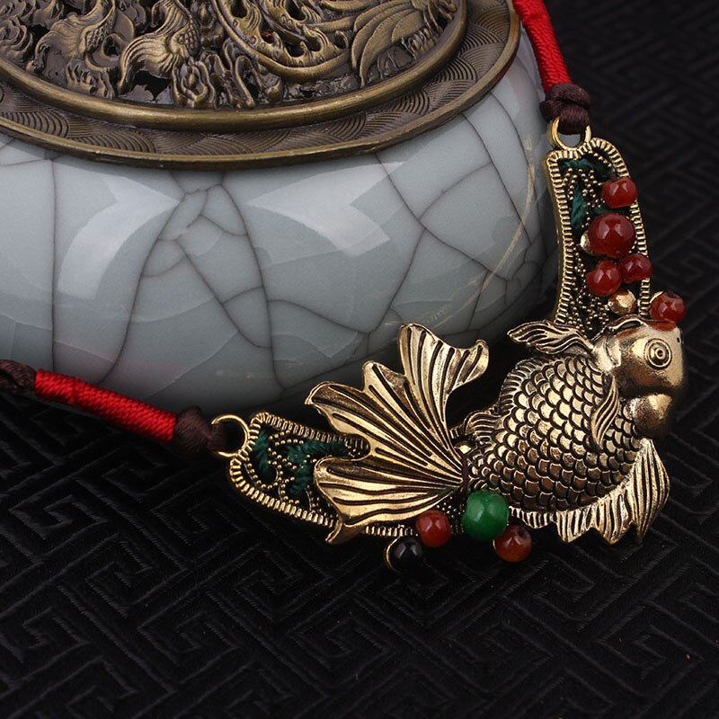 Kvinder etniske smykker guldfisk choker halskæde,håndlavet tibetansk sølv halskæde thailand chinese wind vintage halskæde