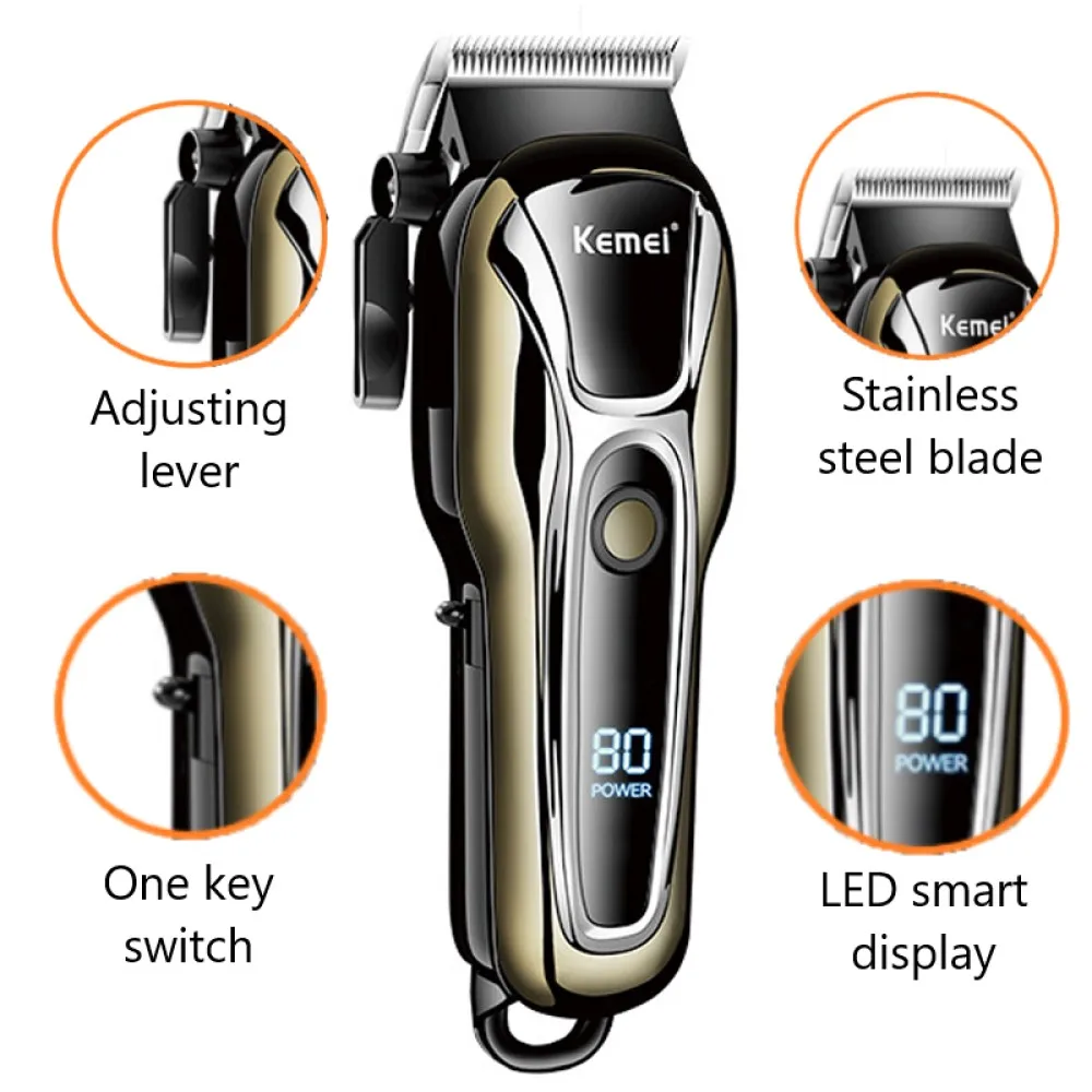 Kemei Hårklipper for Menn - Trådløs Elektrisk Barbermaskin - Profesjonell Trimmer