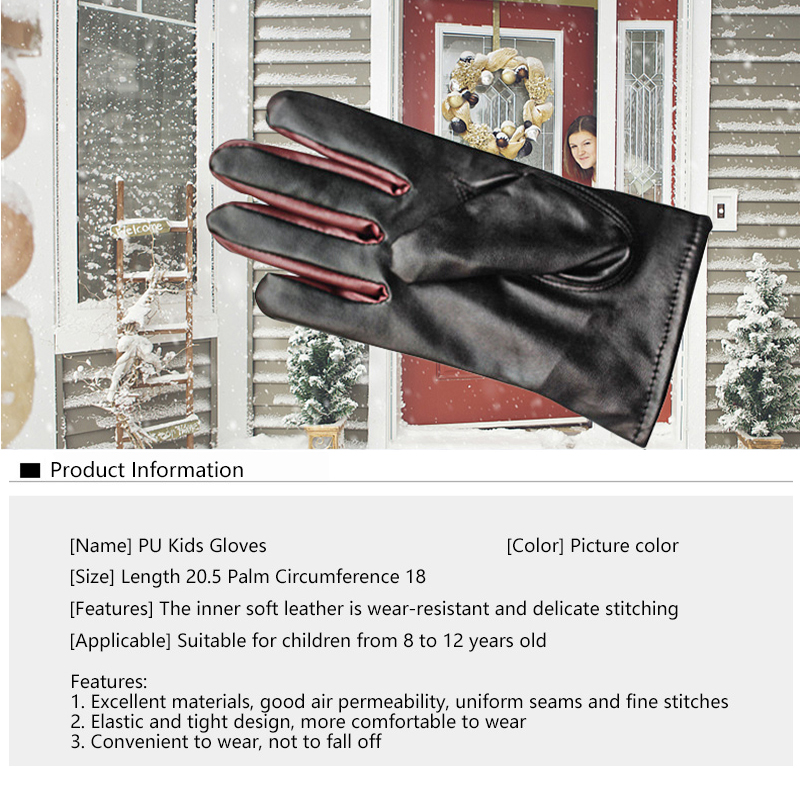 Winter Accessories PU Leather Gloves Children's Full Finger Gloves Girls Black Warm Breathable Riding Luvas