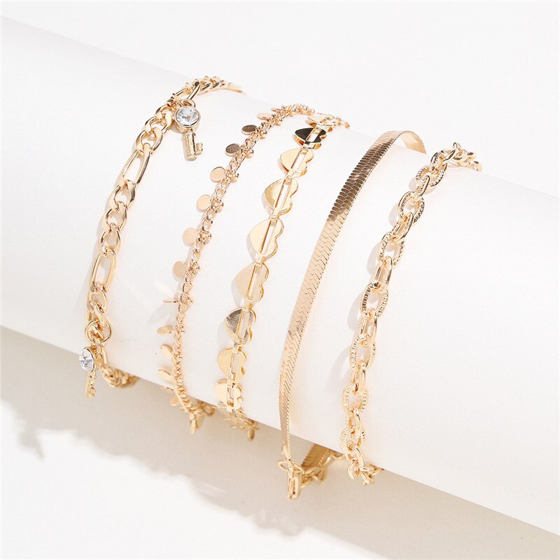 5 stk/sæt vintage boheme guld fodlænker til kvinder unikke slange kæde hjerte nøgle disk kæde ankel armbånd kvindelige smykker