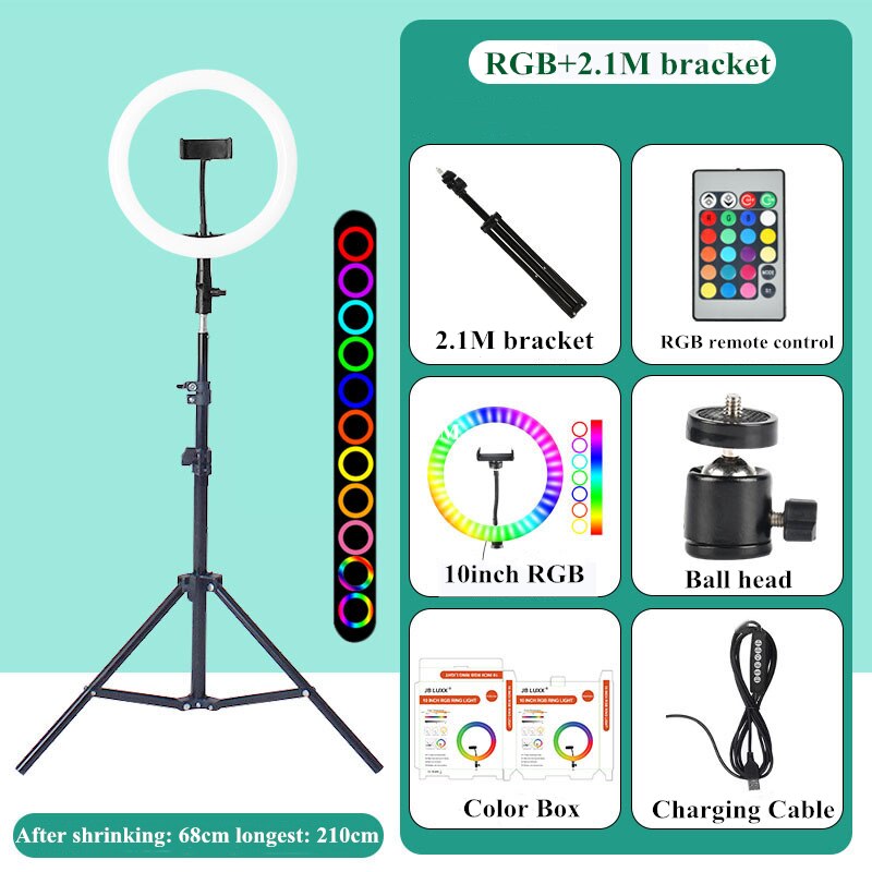 10 Inch Rgb Video Licht 16 Kleuren Rgb Ring Lamp Voor Telefoon Met Afstandsbediening Camera Studio Grote Licht Led 48 "Stand 160Cm Voor Youtuber: RGB 2.1M Tripod