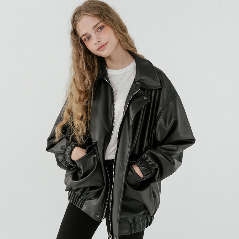 Lautaro veste en cuir surdimensionné femmes fermeture éclair manches longues col rabattu ample noir grande taille faux cuir vestes pour les femmes