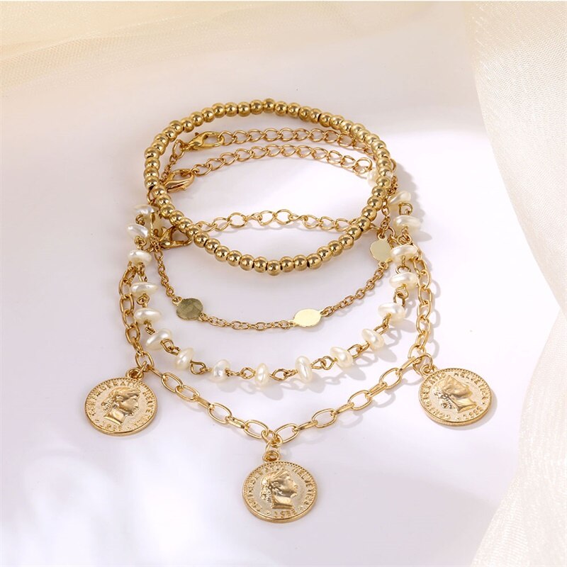 Vienkim Charme Neue mehrschichtig Münze Anhänger Perlen Kette Armbinde Gold Perle Pailletten Armbänder für Frauen Schmuck