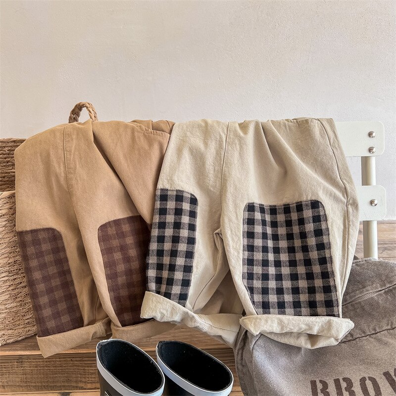 1341C 2022 primavera abbigliamento per bambini pantaloni da ragazzo Plaid panno Patchwork pantaloni Casual da ragazza coreano 1-7 anni pantaloni Harem per bambini
