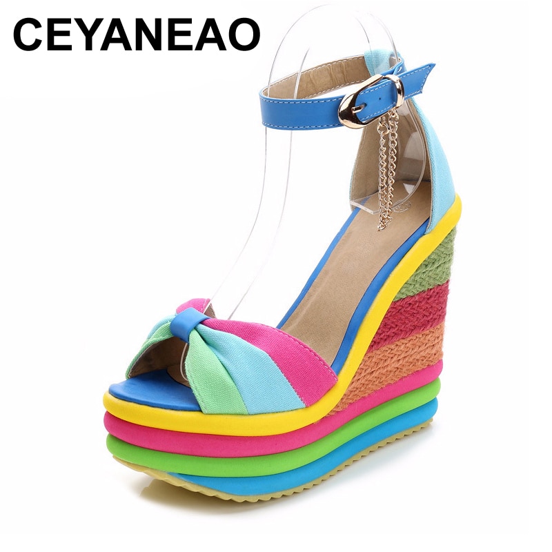 Ceyaneaossandals-sandales à plateforme, sandales d'été pour femmes, bloc de couleurs, talons hauts avec lanière à cheville, tressées, été sandales à talons compensés