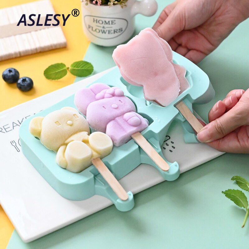 Cute DIY Ice Cream Mold Kit with 50 pcs Wood Sticks Food Grade Silicone Ice Tray Ice Cream Maker for Kitchen Supplies
