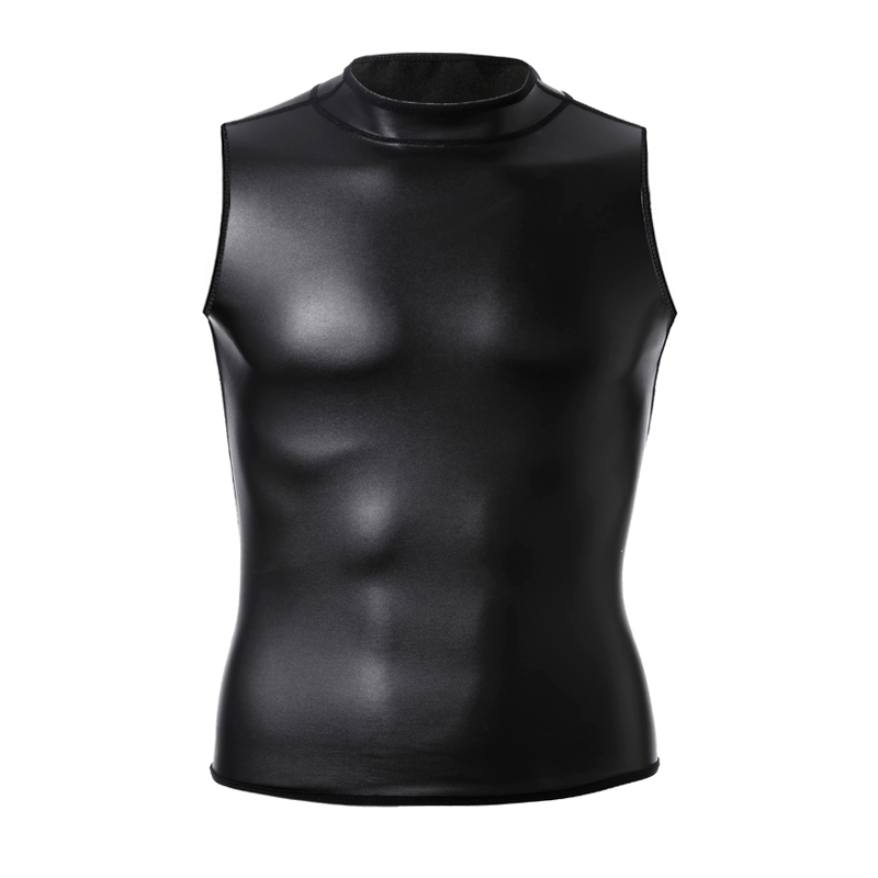 Camisa de S-6XL para hombre, chaleco de piel sintética, camiseta interior con aspecto húmedo, camiseta sin mangas, camiseta interior de cuero PU, traje informal, camisas negras: XXL / Negro