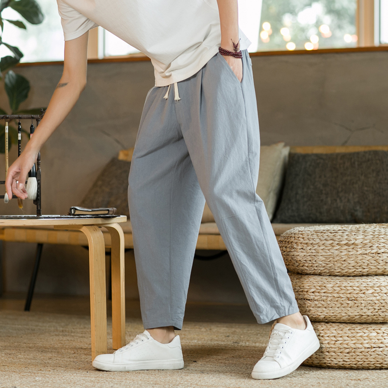 2023 letnie męskie spodnie bawełniane lniane modne spodnie na co dzień jednokolorowe oddychające luźne spodenki proste spodnie Streetwear M-5XL: XXXL / Szampan