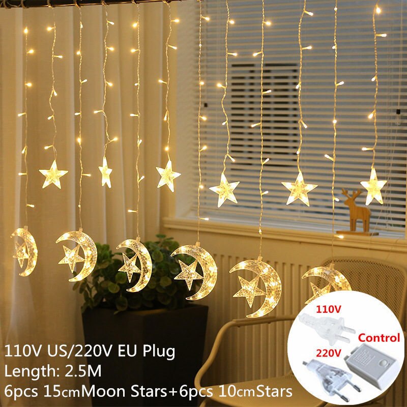 220v eu pistoke 2.5m led moon star lamppu keiju verho valo jouluseppele merkkijono valot lamppu vuodeksi hääkoristeita: Yuebaoxing lämmin / Pistoke