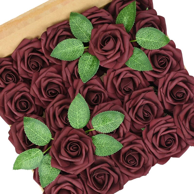 25 Pièces/boîte Mousse Artificielle Rose Fleurs avec des Feuilles Bouquets De Mariée De mariage De Décoration De Jardin de Partie Fausse Fleur BRICOLAGE Artisanat: dark burgundy