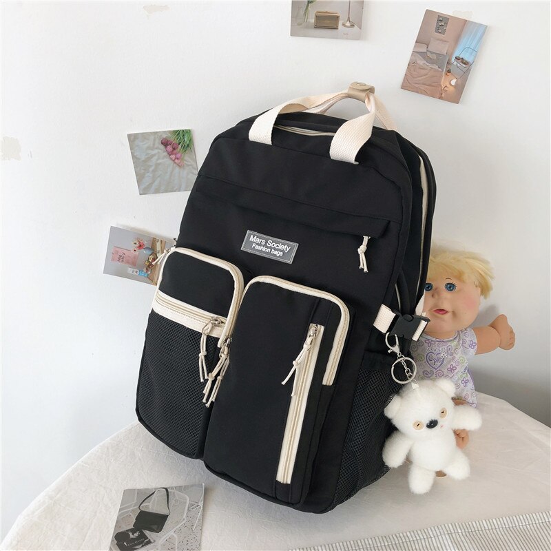 Draagbare Gesp Meerdere Zakken Vrouwen Rugzak Vrouwelijke Dubbele Laag Waterdichte Nylon Schooltas Schoolmeisje Laptop Rugzak: Black