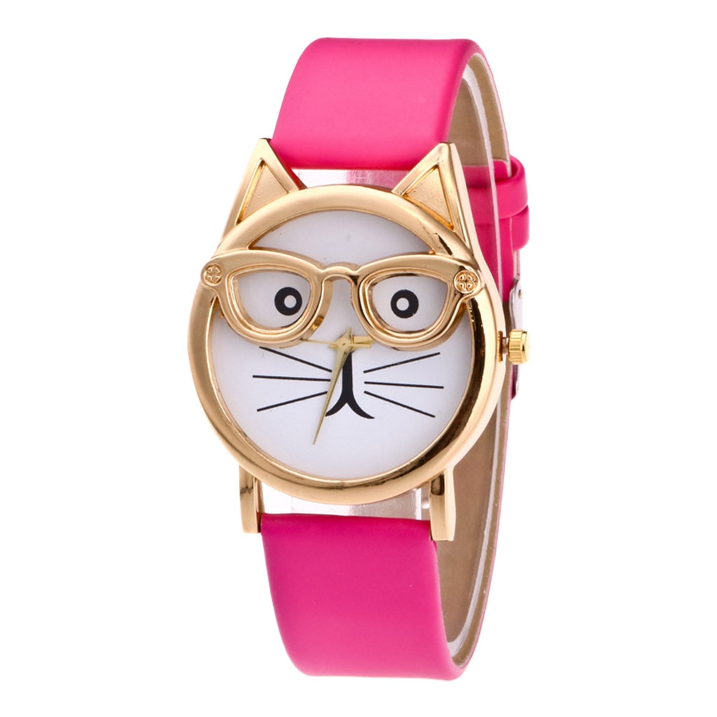 Casual Lovely Cat With Glasses Strap Dial Women's Quartz Watch часы женские horloge dames zegarki damskie: Hot Pink