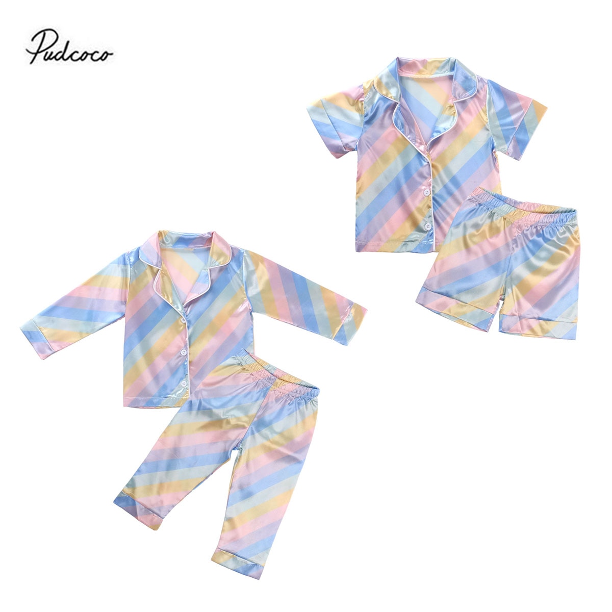 Zomer/Lente Herfst 1-7Y Kinderen Pyjama Sets Kleurrijke Regenboog Gestreepte Print Korte/Lange Mouwen Tops + Broek nachtkleding Nachtkleding