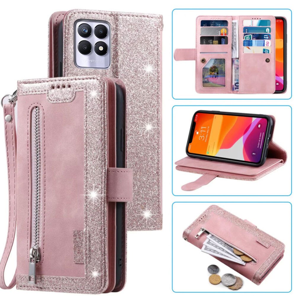 9 Kaarten Wallet Case Voor Realme 8i Case Card Slot Rits Flip Folio Met Polsband Carnaval Voor Realme 8i cover