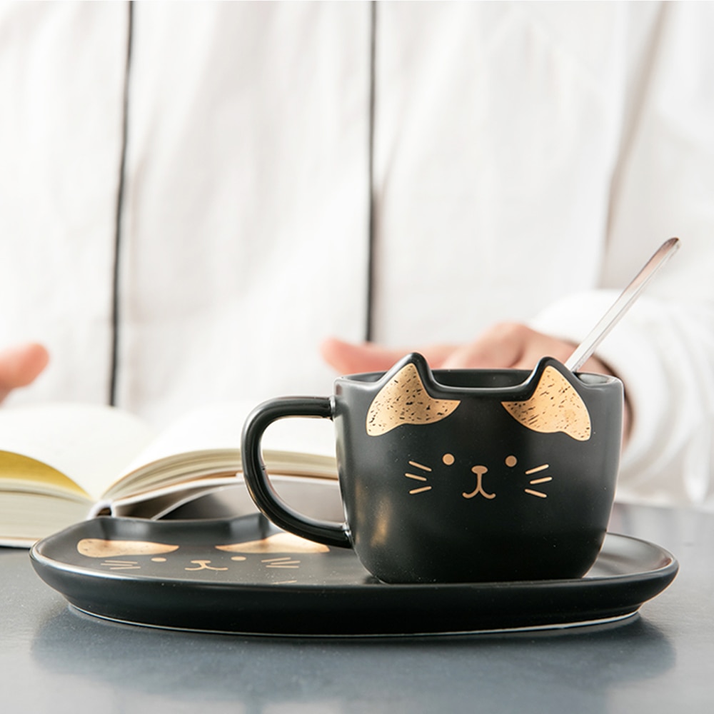 Cute Cat Ceramics Coffee Mug Set Handgrip Animal Mugs With Tray Drinkware Coffee Tea Cups Novelty Milk Cup Breakfast